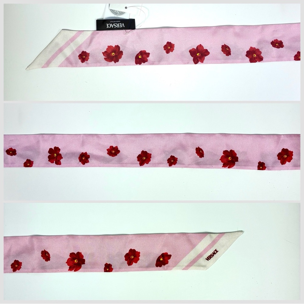 Versace Strawberry Garden Silk Skinny Twill Scarf Tie Logo Pink Red NWT - Picture 9 of 16